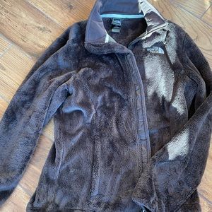 Brown fuzzy north face zip up jacket